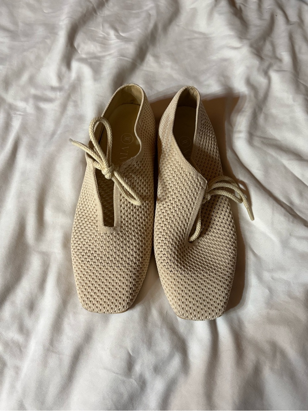 Vivaia Vanessa Square Toe Women’s Knit Lace-Up Flats in Beige
